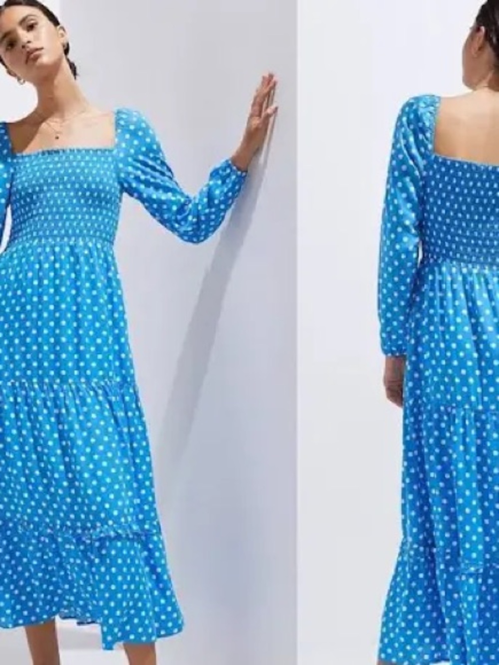 Anthropologie Blue Polka Dot Square-Neck Maxi Dress